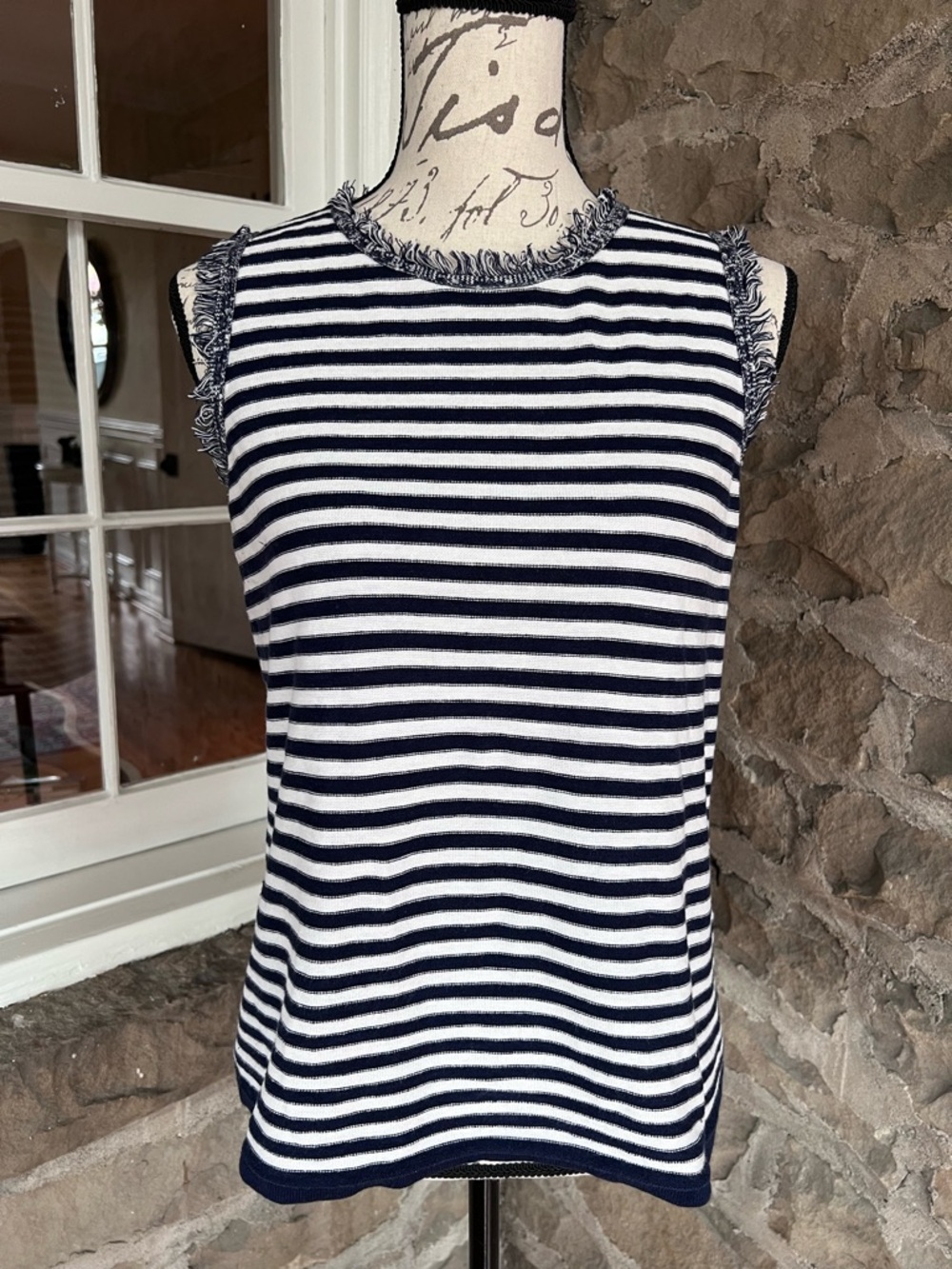 J. McLaughlin size M Navy & White Fringed Stripe Sleeveless sweater/ Tank